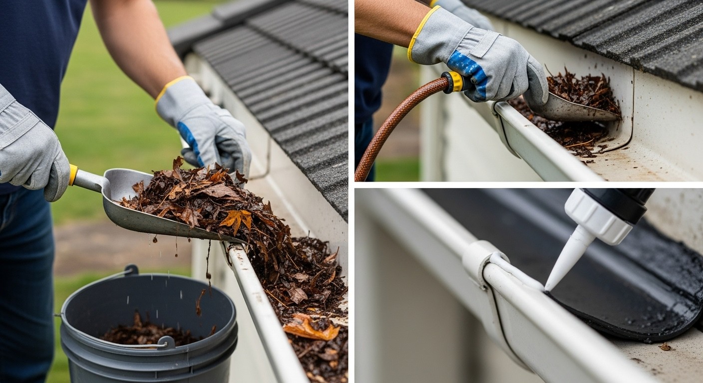 Homeowner clearing leaves from gutters and sealing a small leak with outdoor gutter sealant to prevent water damage.