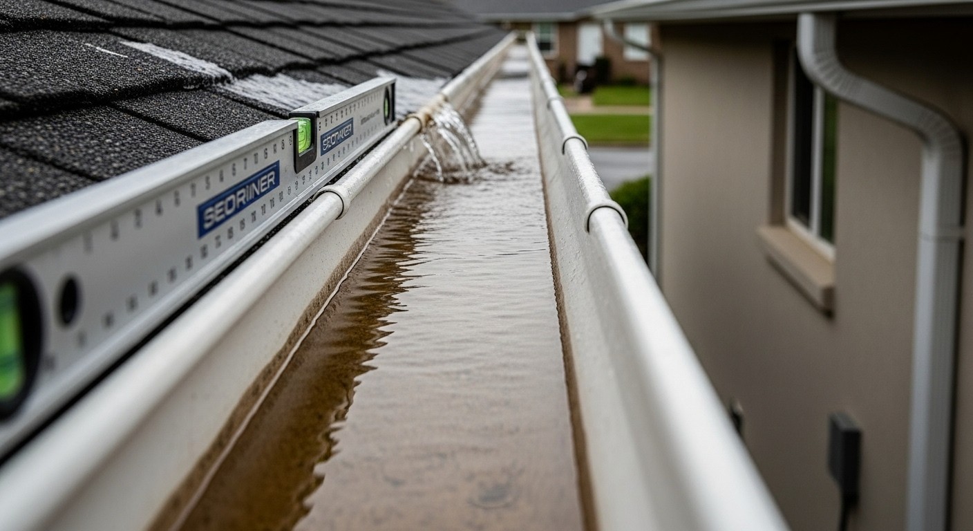 Gutter with standing water and a level tool showing incorrect slope, leading to poor drainage near a home's foundation.