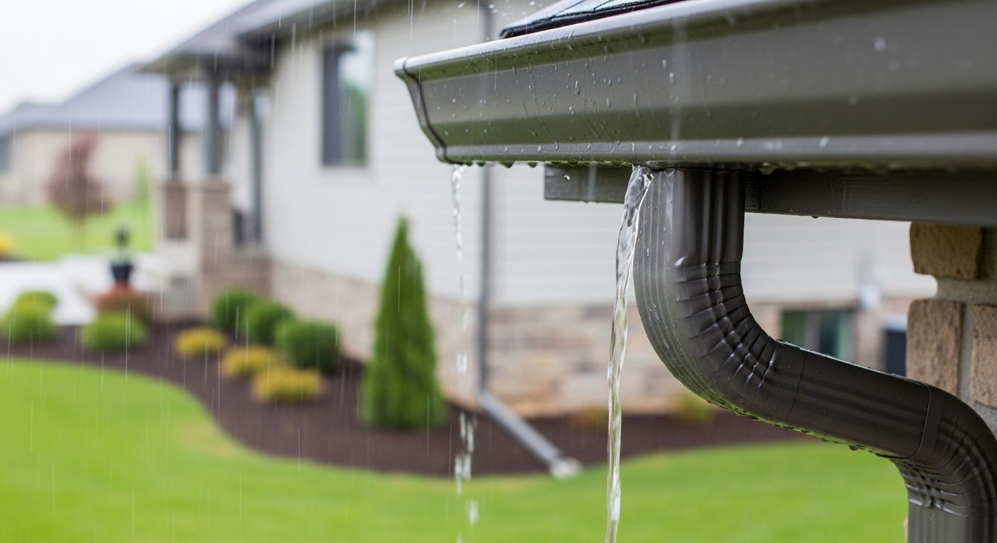 Rainwater flowing through a clean gutter system and downspout, protecting a home's foundation.