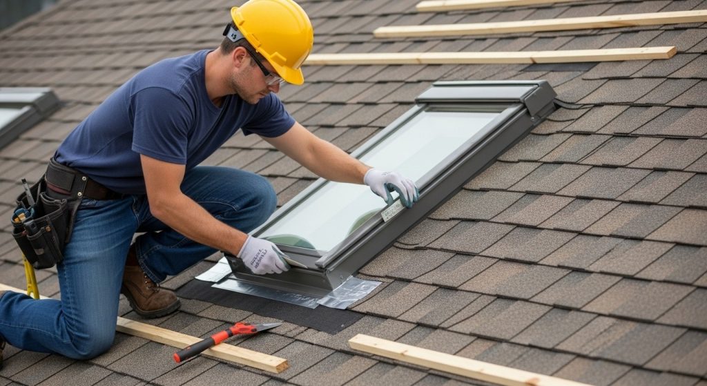 Licensed roofing contractor installing a skylight with flashing to prevent leaks and ensure a watertight seal.