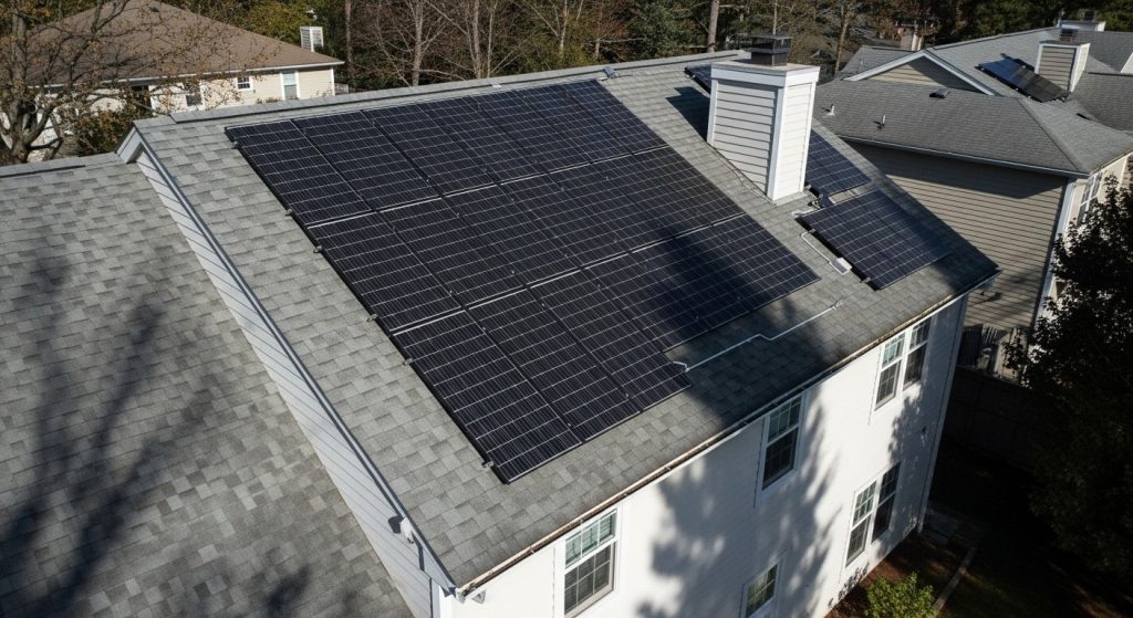 House with solar panels installed only on the sun-facing side of the roof, illustrating optimal placement for maximum sunlight exposure.









