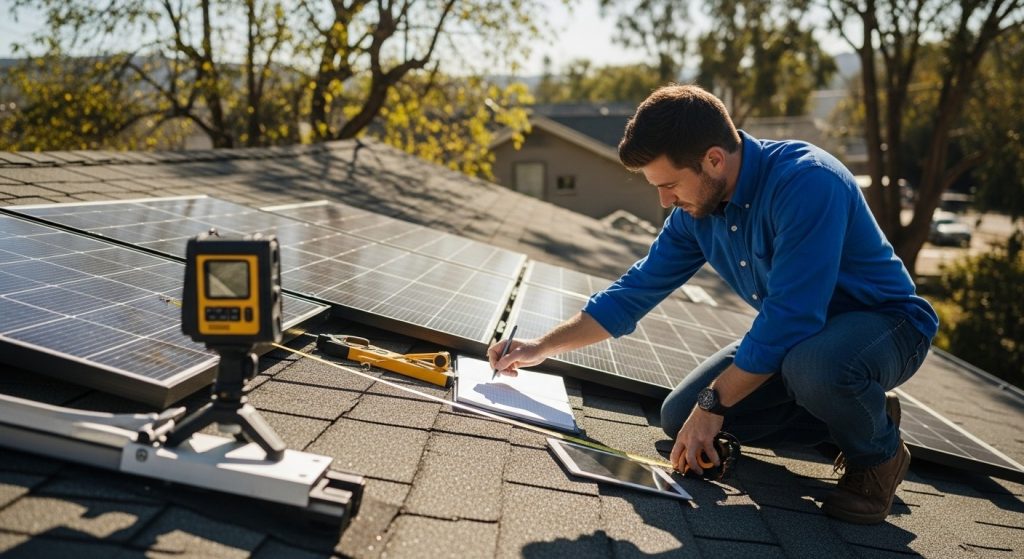 Technician evaluating a home’s roof for solar panel installation, checking slope, orientation, and nearby shading from trees and buildings.









