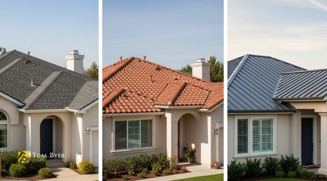Comparison of common roof types in Garden Grove: asphalt shingles, clay tiles, and metal roofing on three local-style homes