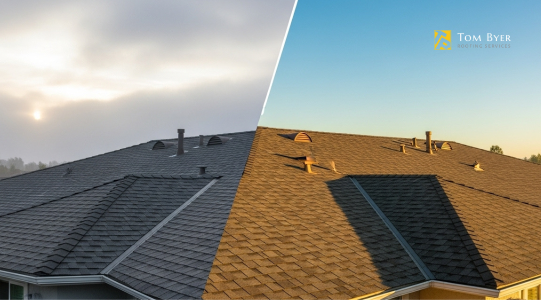 Side-by-side view of a residential Garden Grove roof in winter and summer conditions, showing seasonal temperature effects

