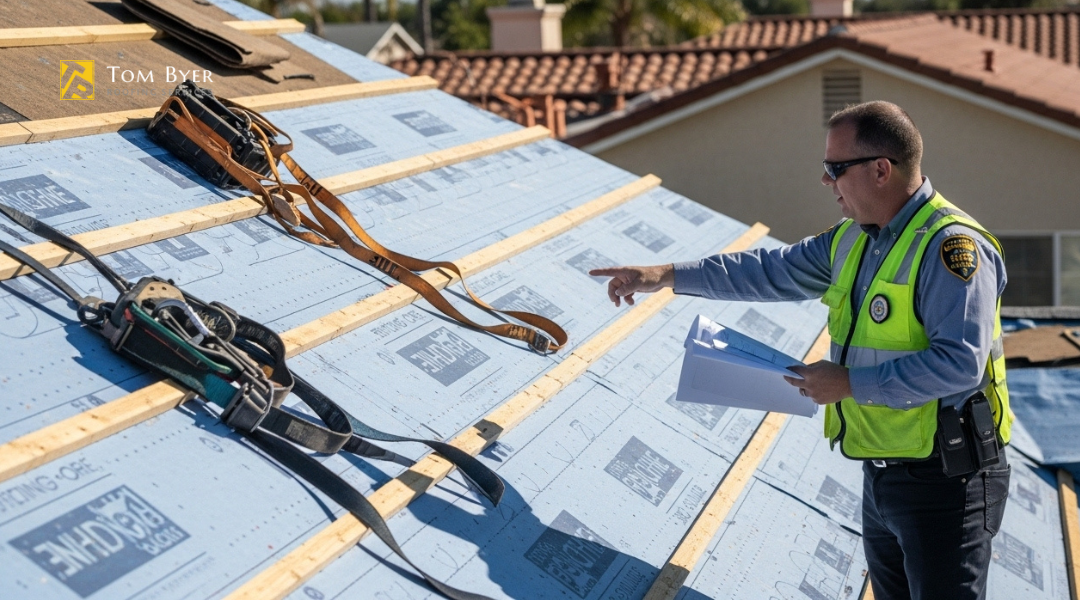 Roof inspection in Garden Grove showing a building inspector reviewing work for code compliance during a residential roofing project