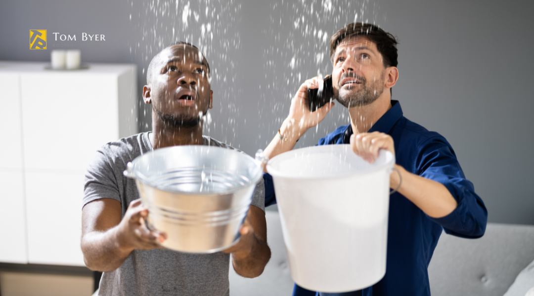 Water leaking from a ceiling into a bucket during a roof emergency in Garden Grove

