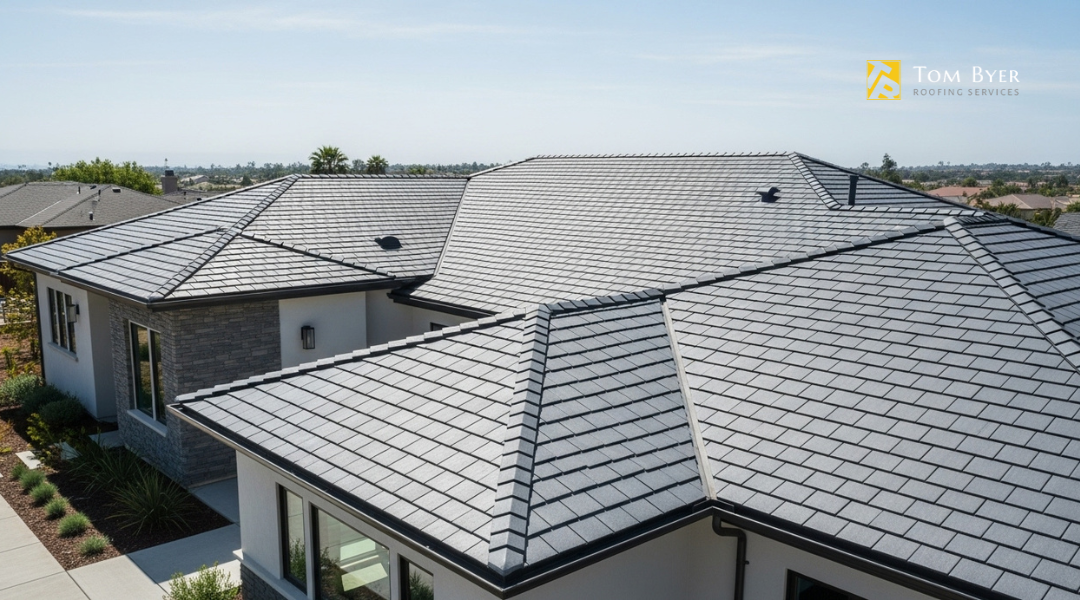 Southern California home featuring synthetic slate roofing that mimics natural materials with fire-resistant durability.

