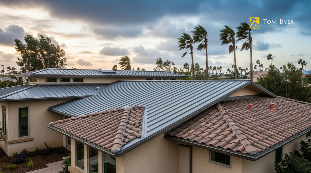 Home with wind-resistant metal and tile roofing built to withstand Santa Ana winds and seismic activity in Southern California.


