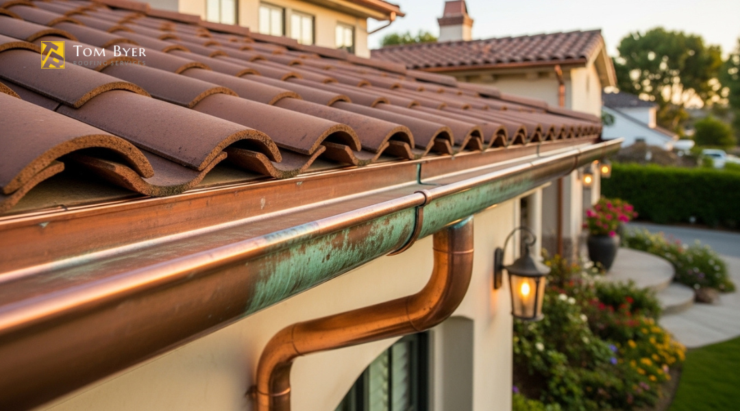Copper gutters with natural patina on a Spanish-style home in Southern California


