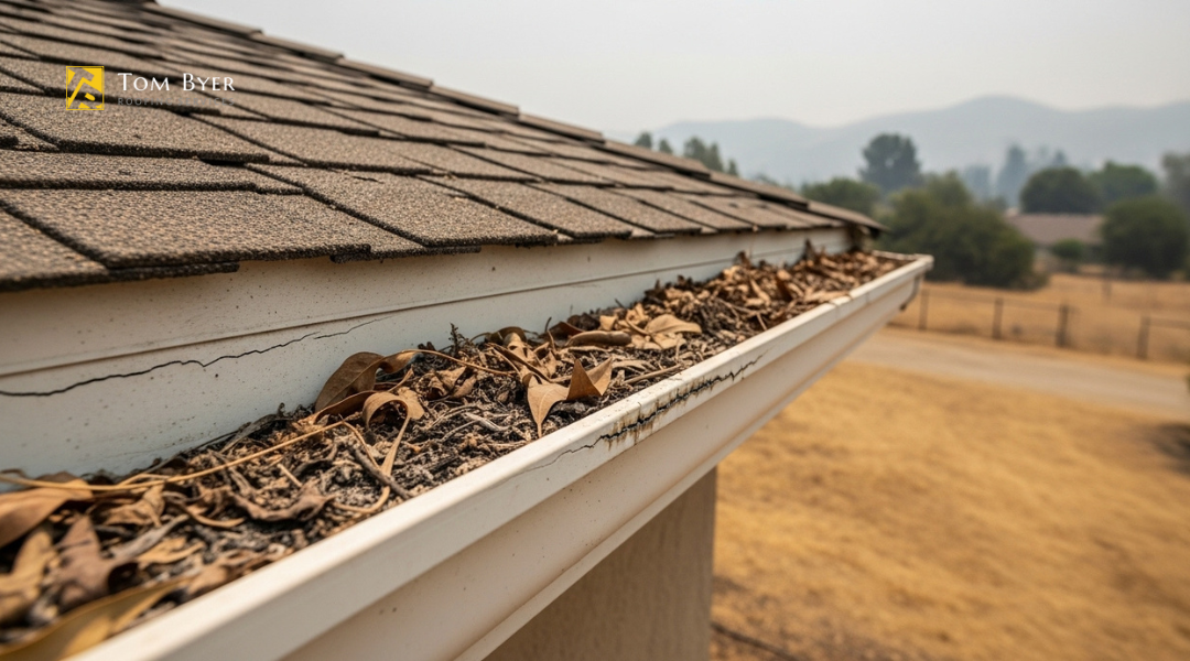 Dry season debris and UV damage on gutters in Southern California home

