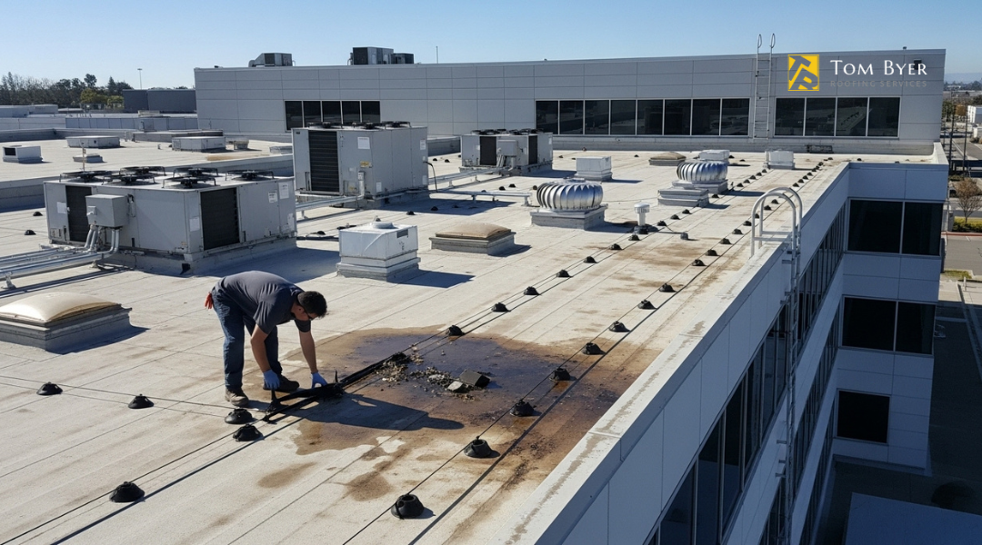 Technician inspecting a flat commercial roof in Orange County for maintenance and drainage issues

