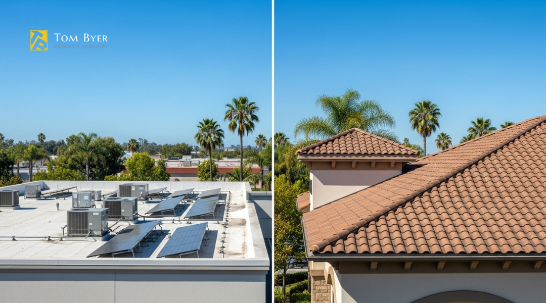 Side-by-side comparison of flat and pitched roofs on Orange County commercial buildings

