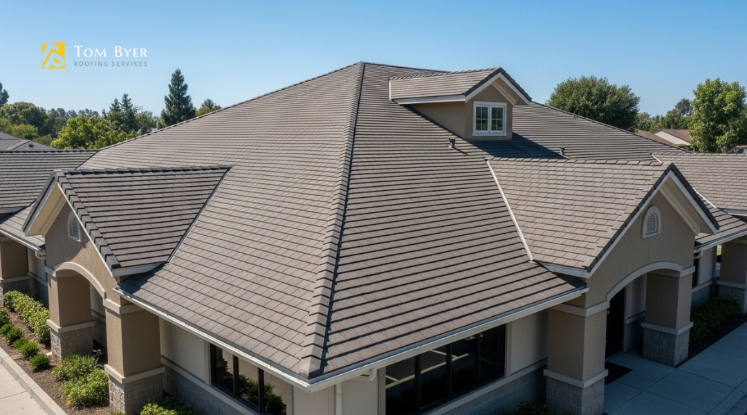 Commercial building in Orange County with a pitched roof designed for water drainage and long-term durability

