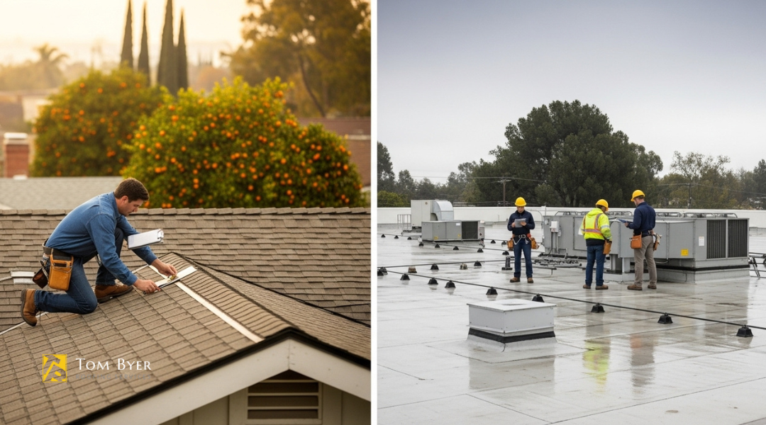 Roof inspections in Garden Grove for both residential and commercial properties, showing seasonal maintenance practices