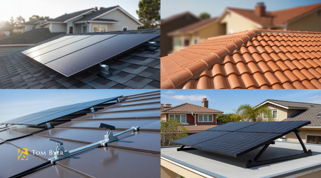 Side-by-side comparison of solar panel mounting on asphalt, tile, metal, and flat roofing materials