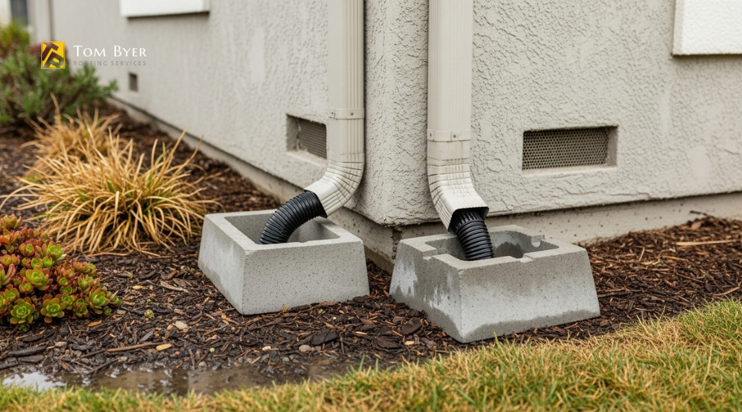 Concrete splash blocks and flexible downspout extensions protecting a Southern California home’s foundation


