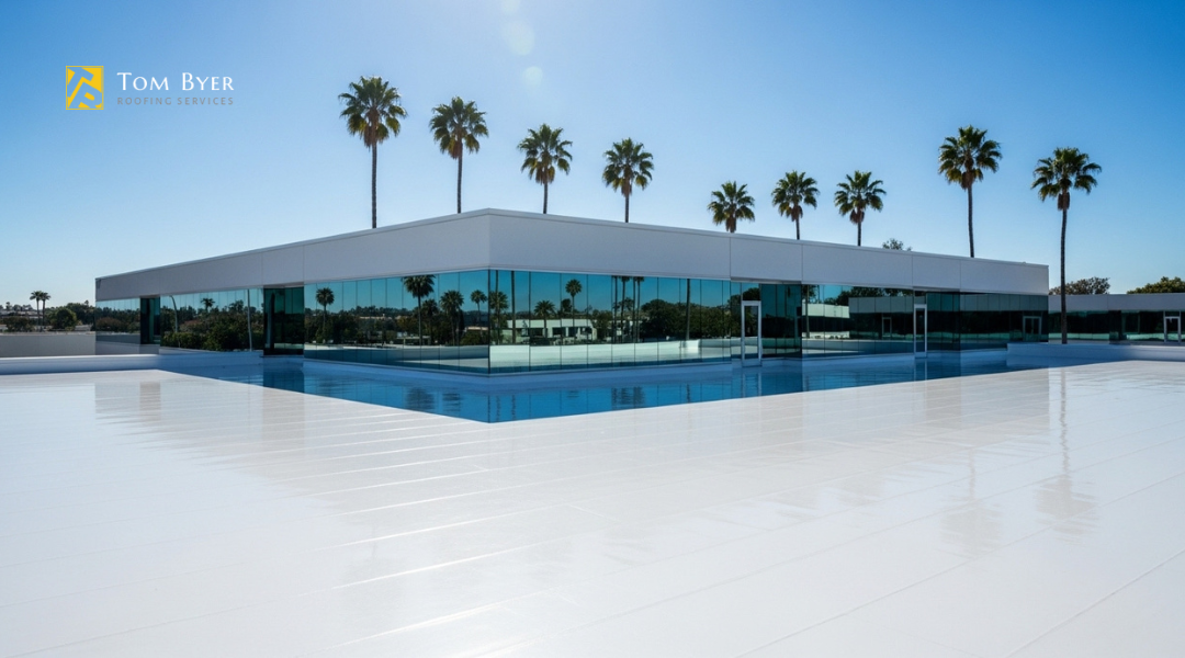 Commercial building in Orange County with a reflective cool roof coating reducing heat absorption.