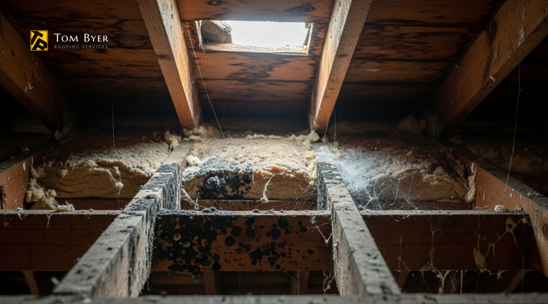 Attic with mold and mildew on wooden beams and insulation caused by roof leaks and moisture buildup.
