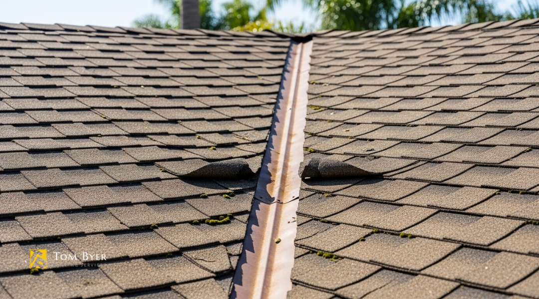 Older Garden Grove roof with cracked shingles, rusted flashing, and mildew damage from UV, salt air, and humidity.
