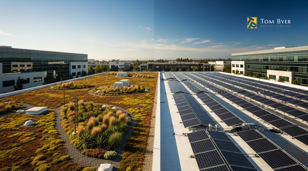 Orange County commercial rooftop with green vegetation and solar panels for energy-efficient roofing.
