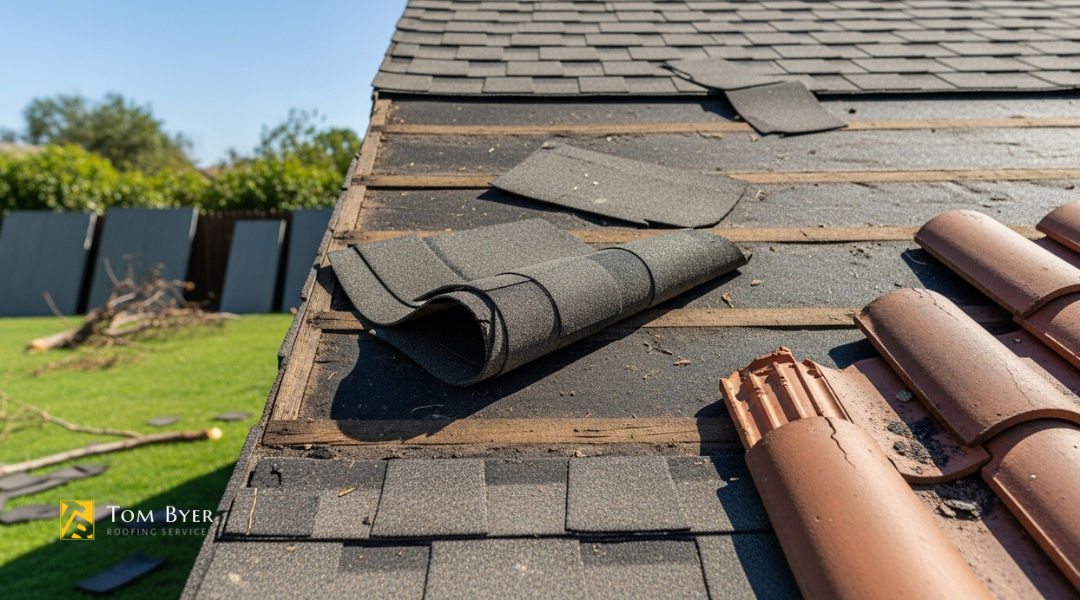 Loose and missing shingles with cracked roof tiles after strong Santa Ana winds in Garden Grove.