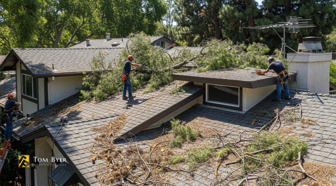 Trimming overhanging tree branches and clearing roof debris to protect a Garden Grove home during Santa Ana wind season.