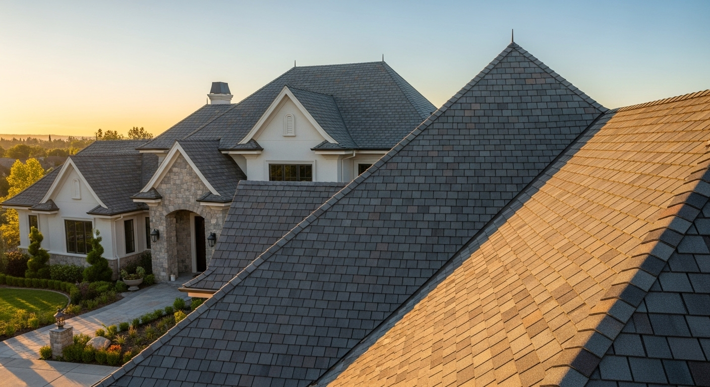 Architectural roof shingles on a luxury California home with layered texture and steep gables.