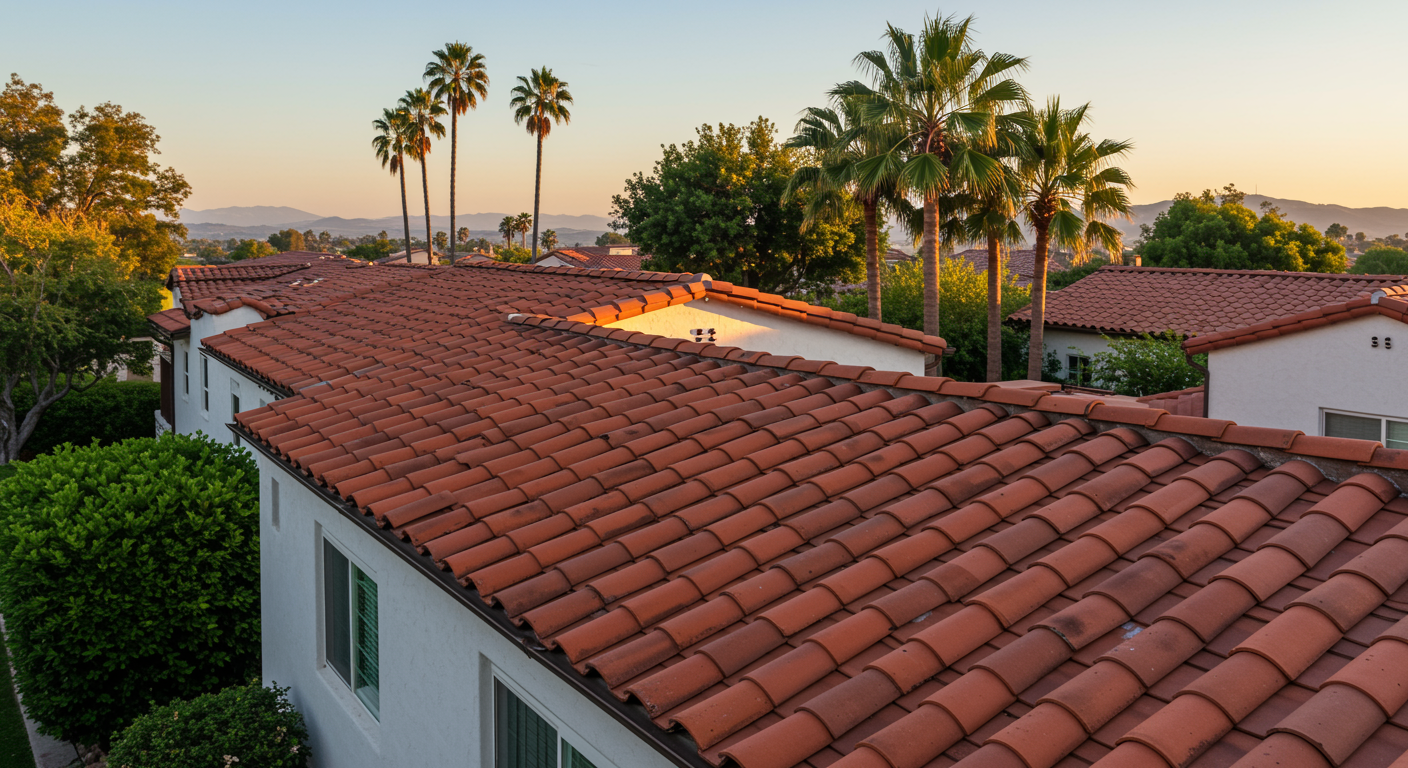 Terracotta clay roof tiles on a Spanish-style California home with white stucco walls and palm trees.