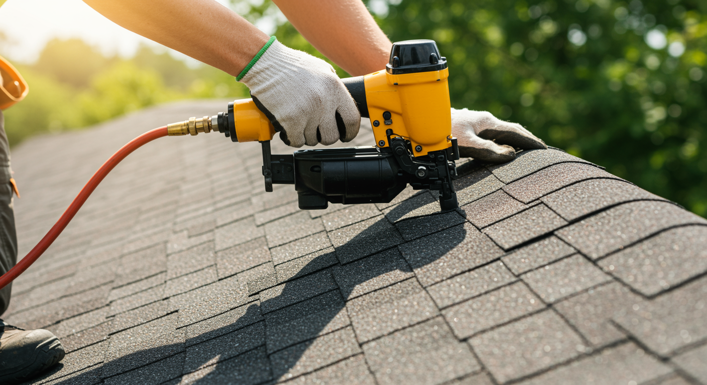 Professional roofer installing shingles with tools on a home roof in Garden Grove.