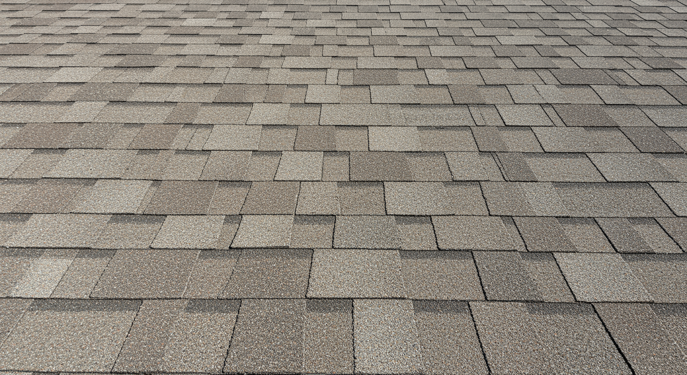 Three-tab fiberglass asphalt shingles neatly installed on a residential California roof under sunlight.