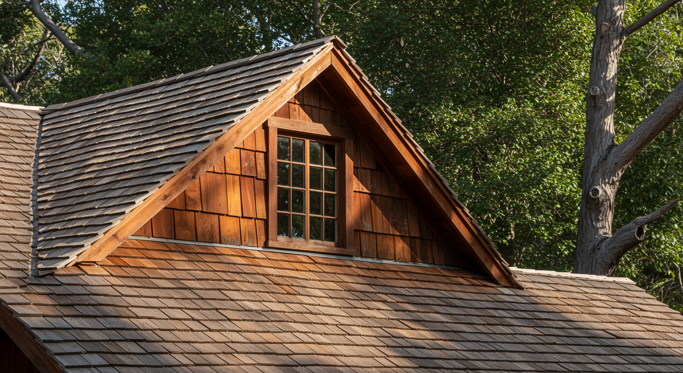 Cedar wood shake roofing with rustic finish on a California-style home.
