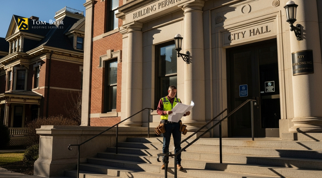 Roofing contractor reviewing building permits for a historic home at the local city department.