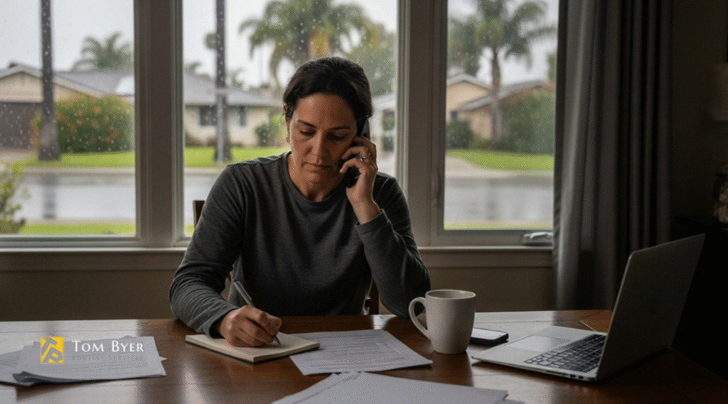 Homeowner in Garden Grove calling insurance company after storm damage, taking notes to avoid claim mistakes.