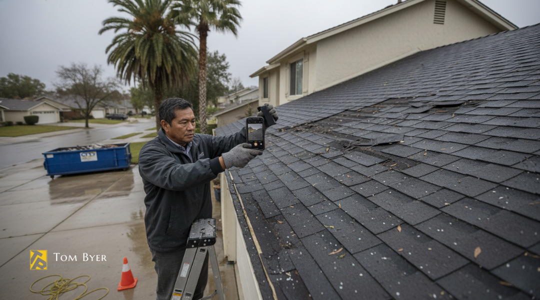 Homeowner taking photos of storm-damaged roof shingles for an insurance claim in Garden Grove.