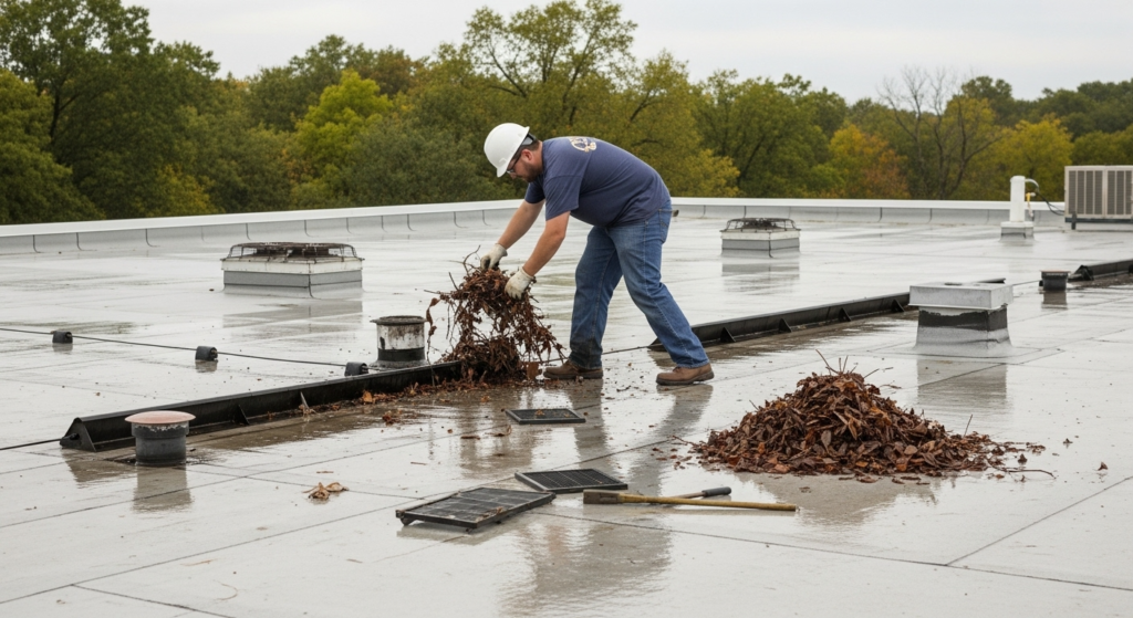 Quarterly maintenance clearing debris and drains on high-risk commercial roof site.