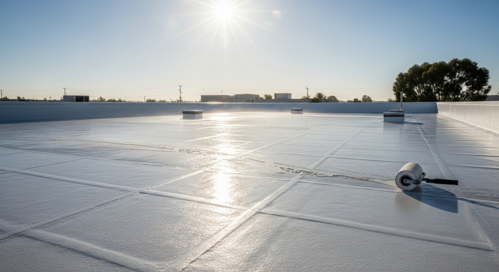 Silicone roof coating resisting UV exposure and ponding water on low-slope commercial roof.