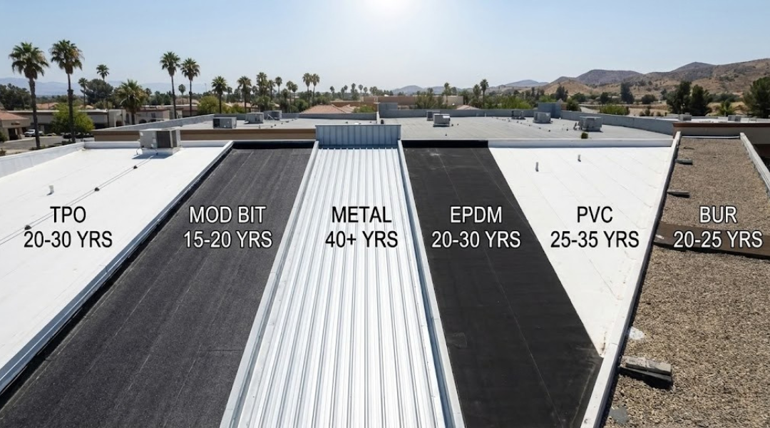 Typical lifespans of TPO, PVC, EPDM, BUR, modified bitumen, and metal commercial roofs in Southern California.

