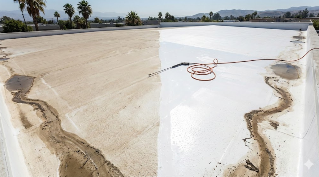 Dust accumulation on silicone roof coating in Southern California with minimal ponding issues.