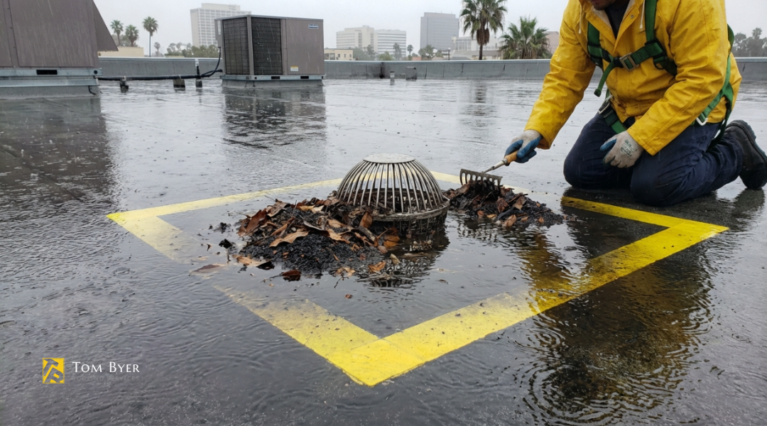 Clogged commercial flat roof drain strainer filled with leaves and debris during heavy rainfall in Garden Grove, California.
