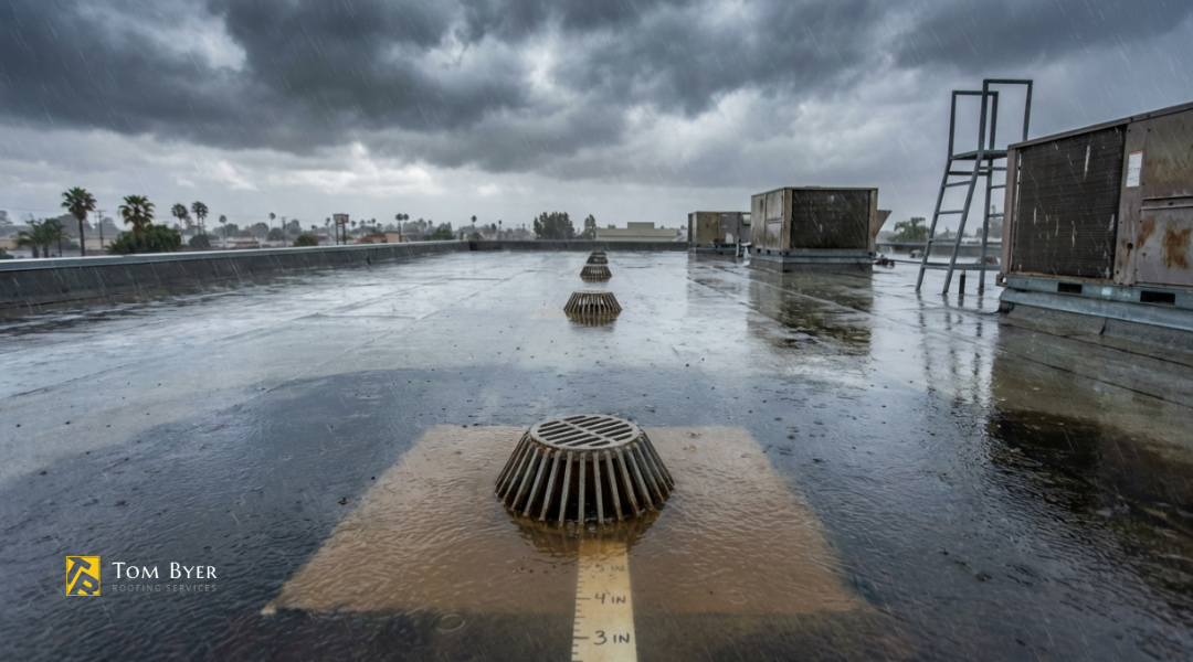 Commercial flat roof in Garden Grove experiencing heavy rainfall and ponding water exceeding drainage capacity during atmospheric river storm.