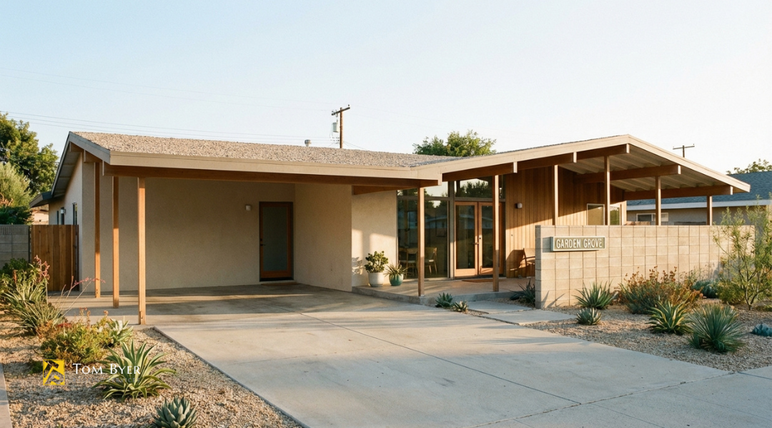 Mid-century Garden Grove home with low-slope roof extending over carport and covered patio with exposed beams