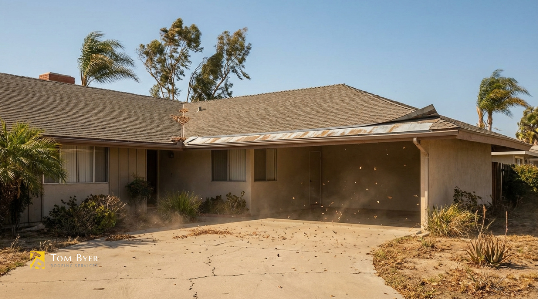 Open suburban lots in Garden Grove leave many mid-century roofs exposed to Santa Ana wind uplift. Wide overhangs and low slopes increase pressure at roof edges and corners.