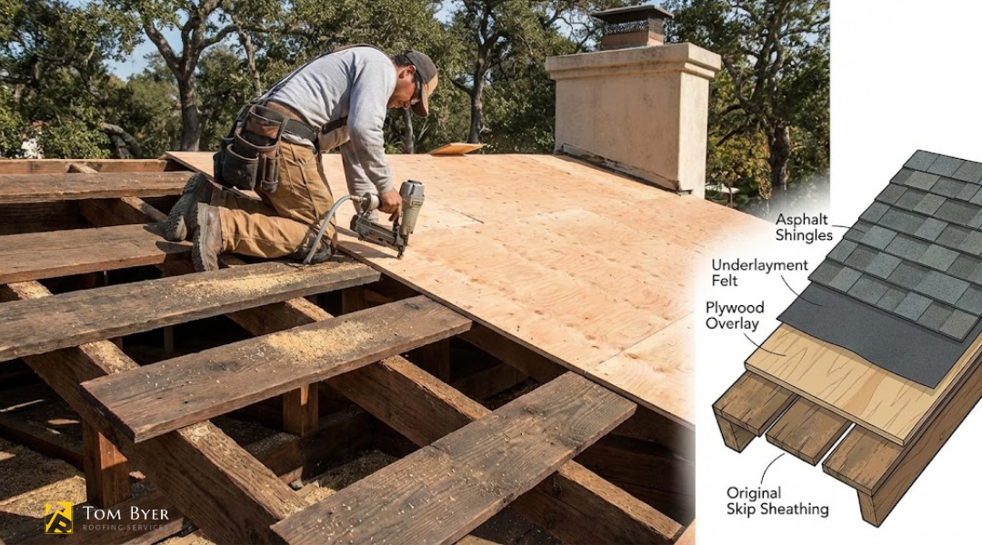 Plywood overlay installed over original skip sheathing on a historic Garden Grove home roof
