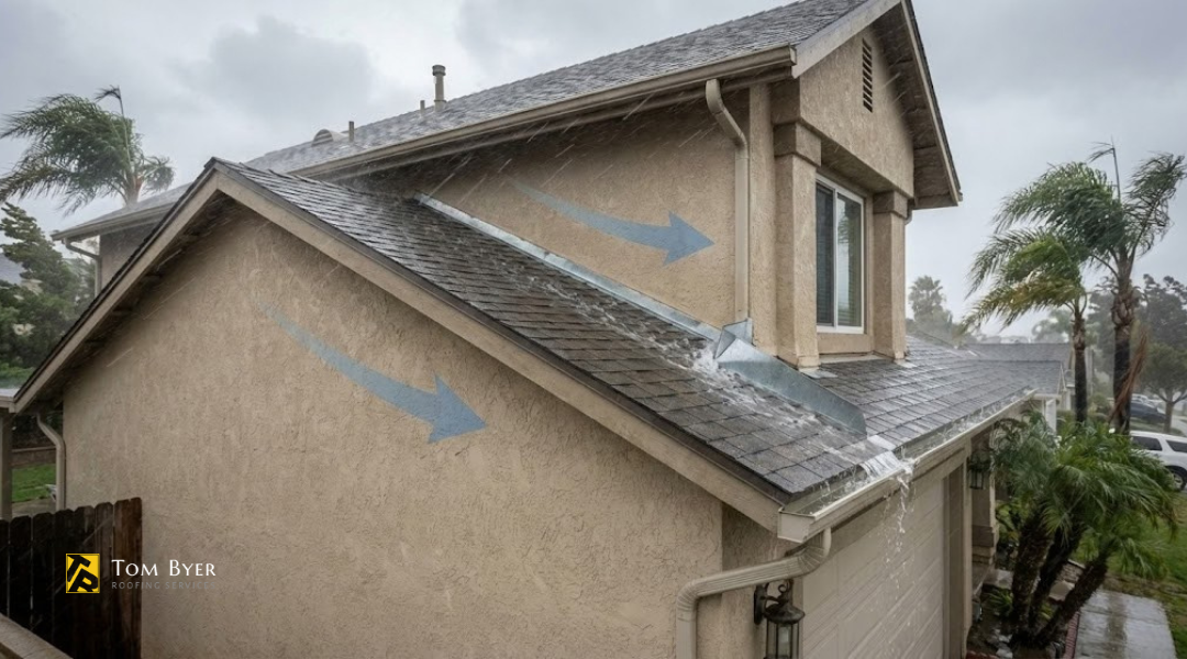 Wind-driven rain hitting stucco wall at roof intersection in Orange County home with kick-out flashing directing runoff into gutter