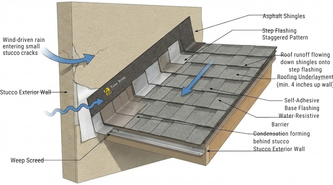 Roof to stucco wall cross section showing step flashing, underlayment, base flashing, and water resistive barrier controlling moisture pathways