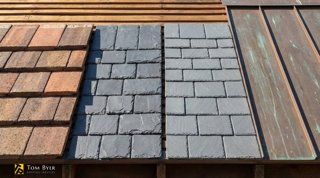 Comparison of concrete tile, slate, synthetic slate, and standing seam metal roofing on a historic Garden Grove home structure