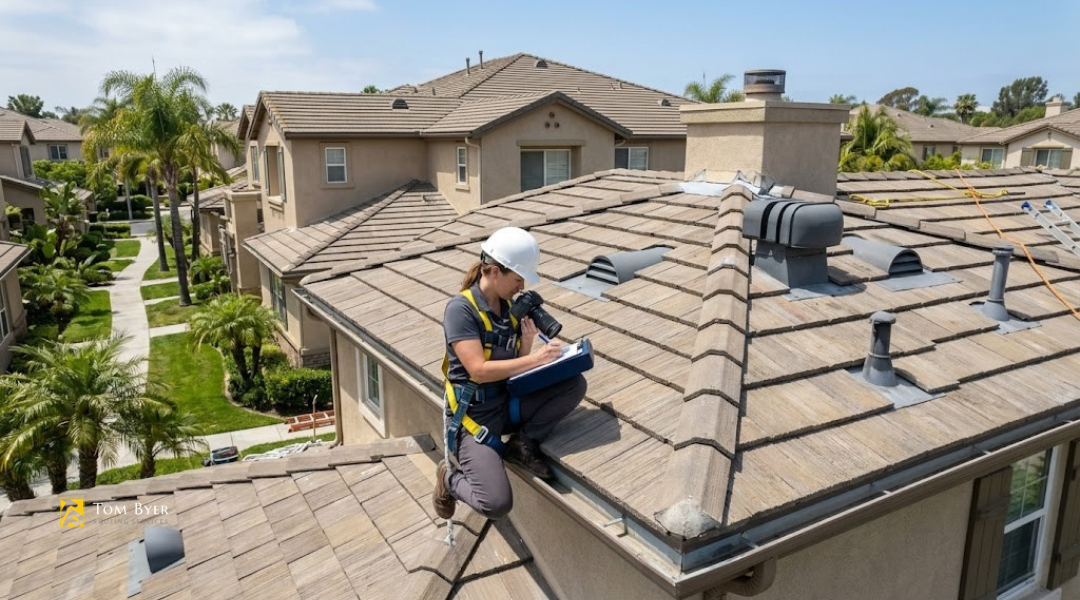 Roof inspector reviewing tiles, flashing, and drainage during HOA preventive maintenance inspection in Orange County