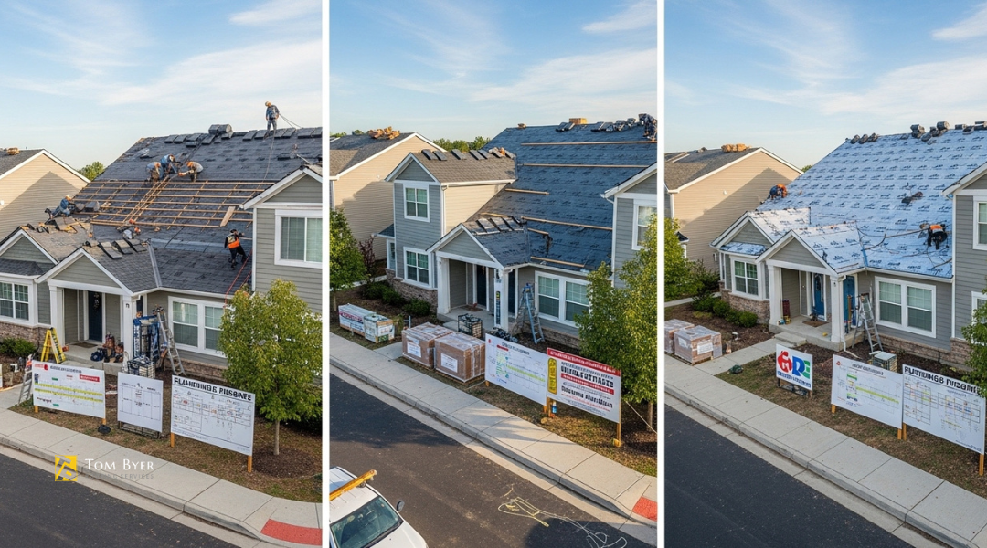 HOA roofing project showing repair, replacement, and phased planning across multiple buildings with clear work zones and timelines