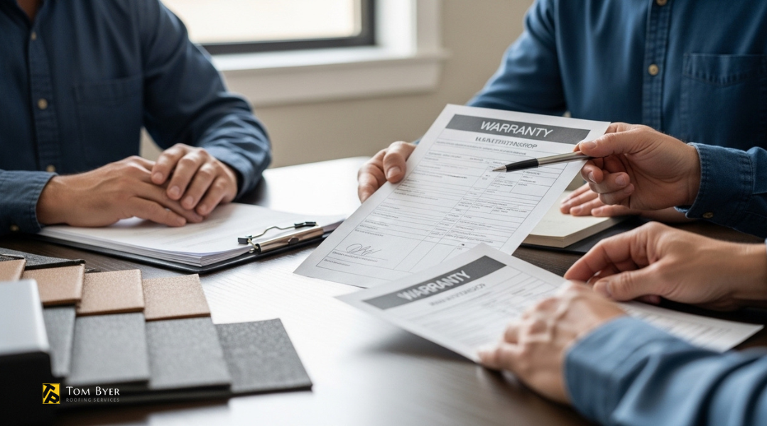 HOA board reviewing roofing warranty documents covering material and workmanship terms for accurate bid comparison