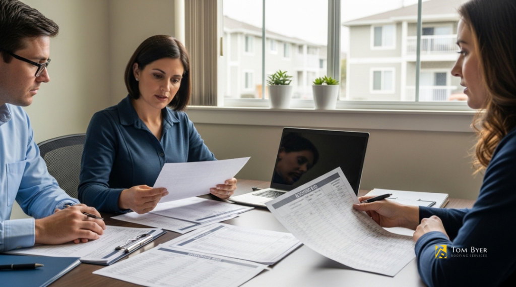 Small HOA board reviewing roofing bids and cost comparisons to ensure consistent evaluation across contractor estimates
